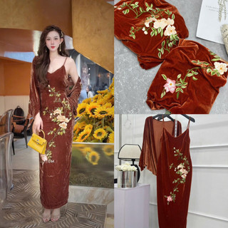 Váy nhung the hai dây thêu hoa cành lá xanh tone cam cháy tôn da