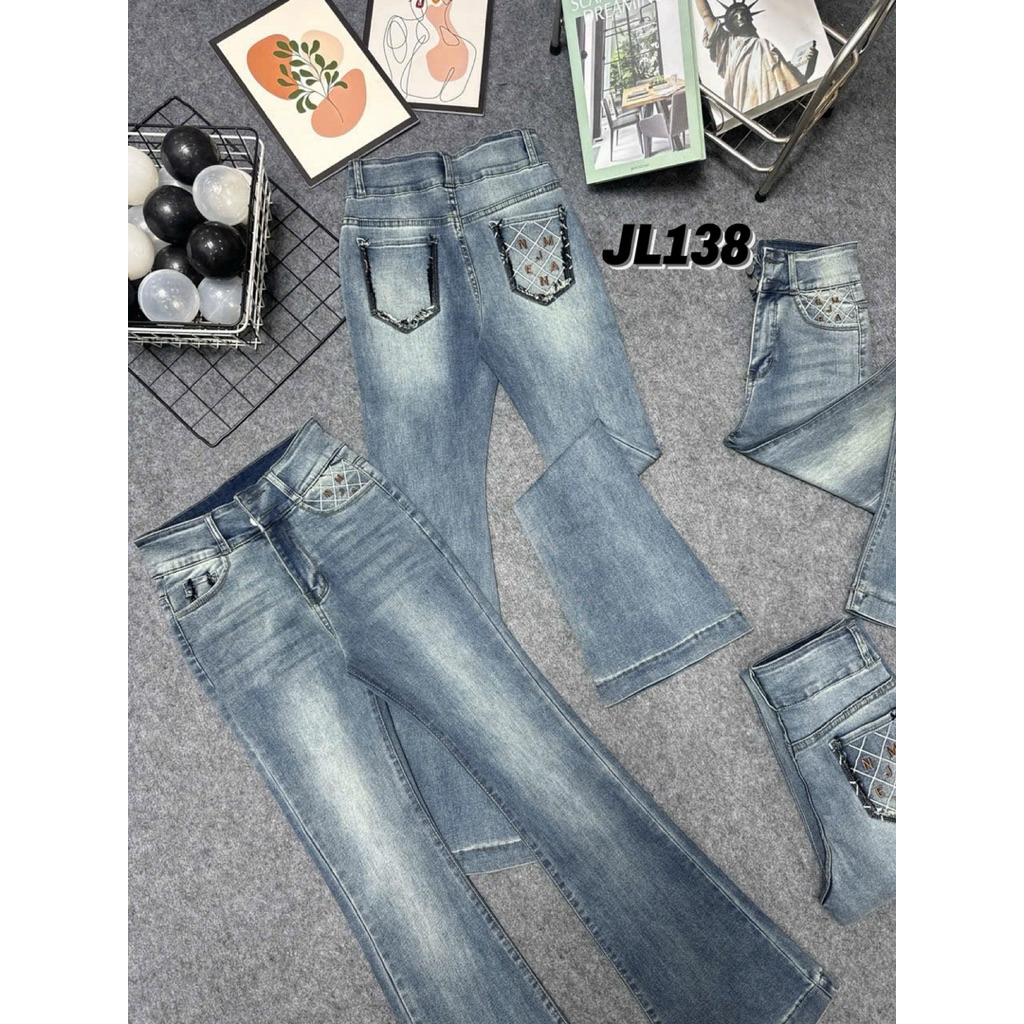 Quần Jeans Nữ Ống Loe Dài Lưng Cao Phối Túi Thêu