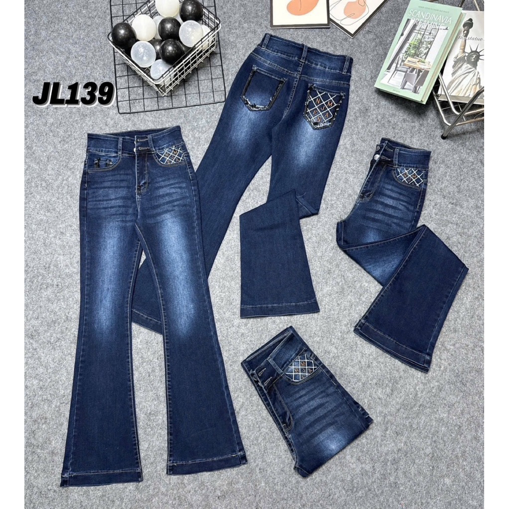 Quần Jeans Nữ Ống Loe Dài Lưng Cao Phối Túi Thêu