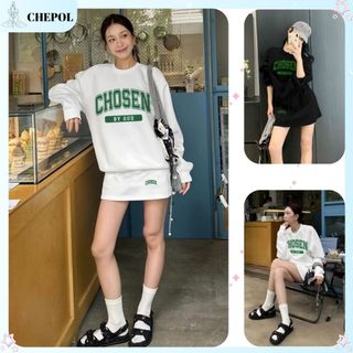 Set Bộ Nỉ Nữ Thu Đông CHEPOL Cổ Tròn, In Chữ, Chất Nỉ Chân Cua Cao Cấp, Dày Dặn (Áo Sweater Trắng+Chân Váy Trắng)-CPN136