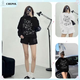 Set Bộ Nỉ Nữ Thu Đông CHEPOL Cổ Tròn, In Chữ ( Áo Sweater Đen + Quần Đùi Đen ) Chất Nỉ Chân Cua Cao Cấp, Dày Dặn