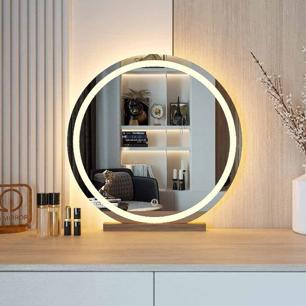Gương Trang Điểm LED Cảm Ứng Để Bàn Có Đèn 3 Chế Độ Sáng Tặng Đế Gỗ