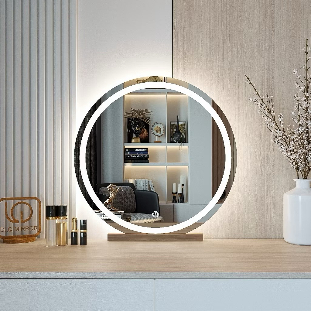 Gương Để Bàn Trang Điểm Đèn LED Cảm Ứng Cao Cấp Tặng Kèm Đế Gỗ Sang Trọng
