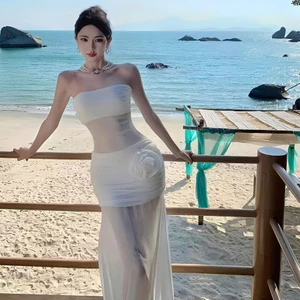 Đầm Maxi dáng dài Váy nữ đi biển Ôm body cúp ngực Đính bông hoa xòe sang chảnh Hở Lưng S14
