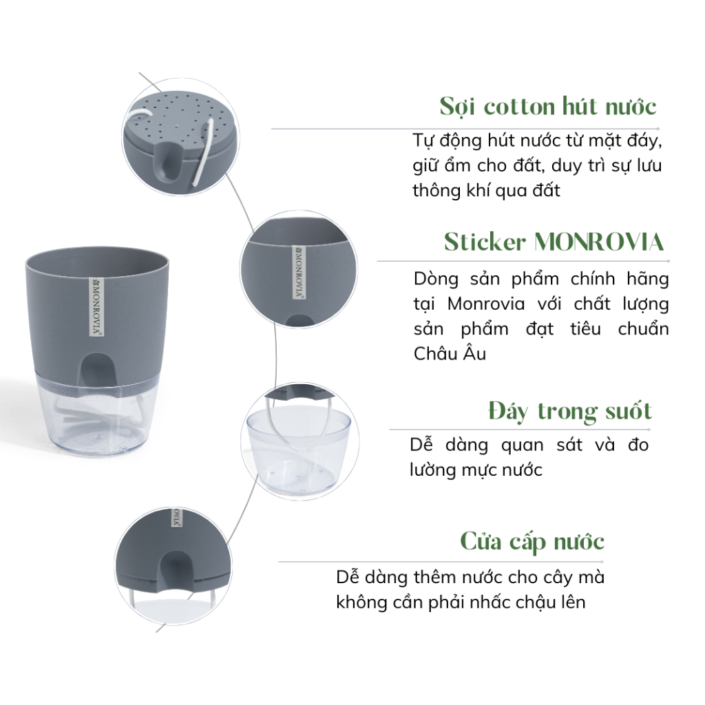 Chậu tự tưới MONROVIA A7 – Cao cấp, sang trọng. Decor cây cảnh, hoa, lan, bàn làm việc, văn phòng
