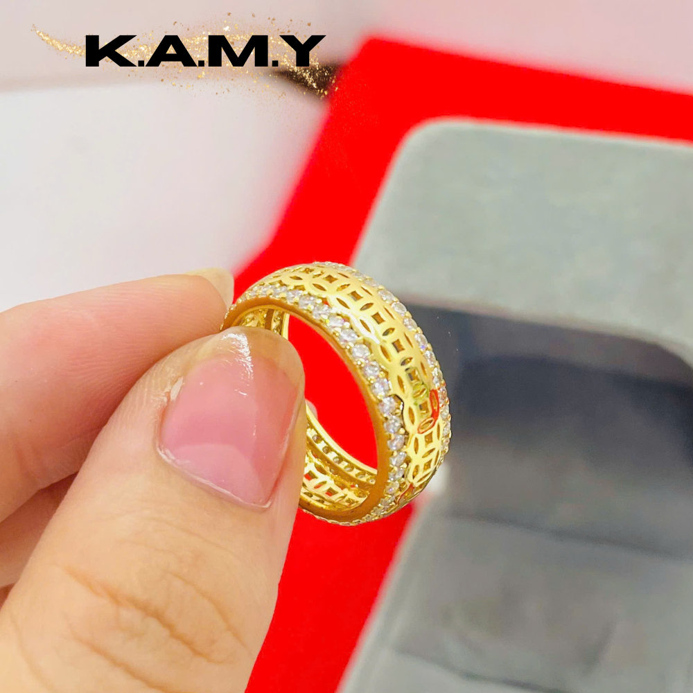 Nhẫn nữ mạ vàng 18K đính đá zircon sang trọng, họa tiết lưới cao cấp – Nhẫn thời trang KAMY