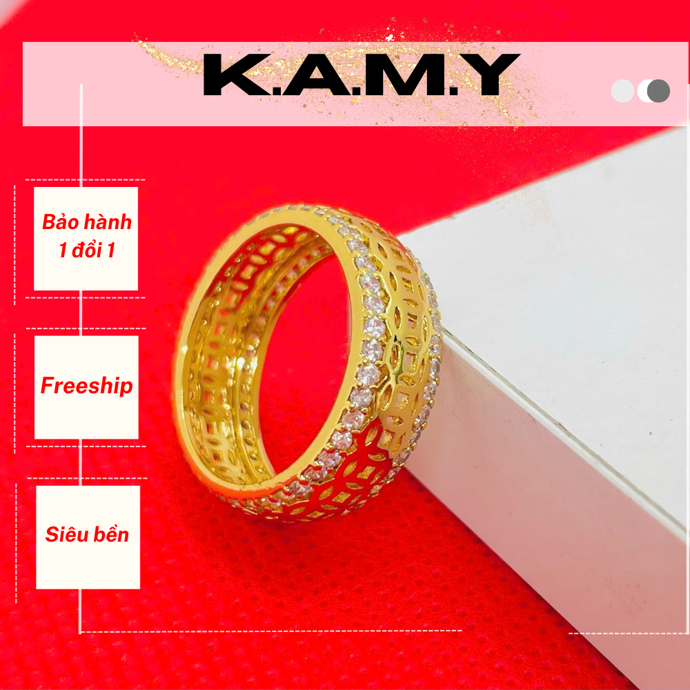 Nhẫn nữ mạ vàng 18K đính đá zircon sang trọng, họa tiết lưới cao cấp – Nhẫn thời trang KAMY