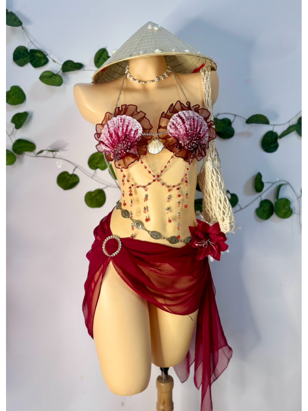 [ Ảnh thật Shop làm] Nàng Tiên Ngọc Đỏ – Bikini đỏ rượu quyến rũ.Tặng dây chuyền vỏ sò,2 kẹp hoa, chip(chưa phụ kiện)