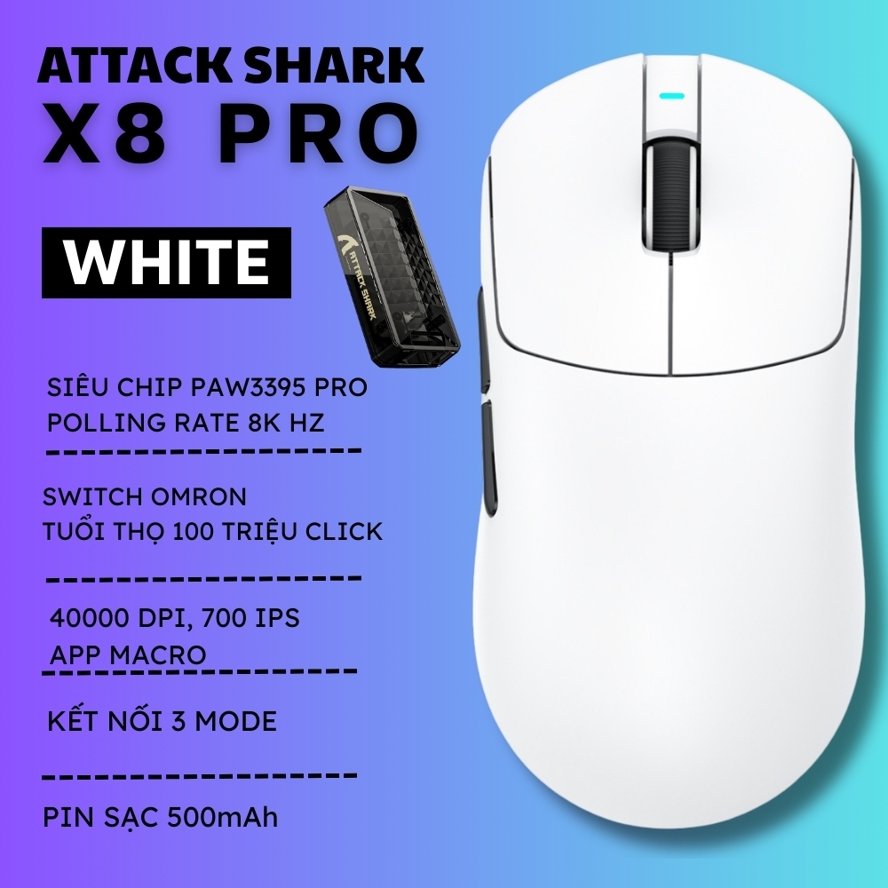 ATTACK SHARK X8 Serie Draadloze Gaming Muis, 55–65 g Superlicht, PixArt PAW3395/3950 Sensor, BT/2.4G Draadloos & USB, tot 42.000 DPI, C06 Ultra LED Kabel (Zwart, X8PLUS