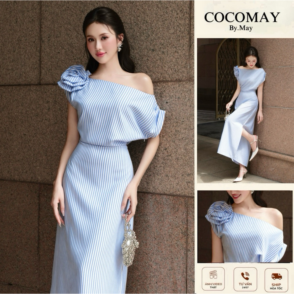 COCOMAY Đầm Marquise Bloom Dress lệch vai hoa Sọc Xanh midi dáng dài xẻ ...
