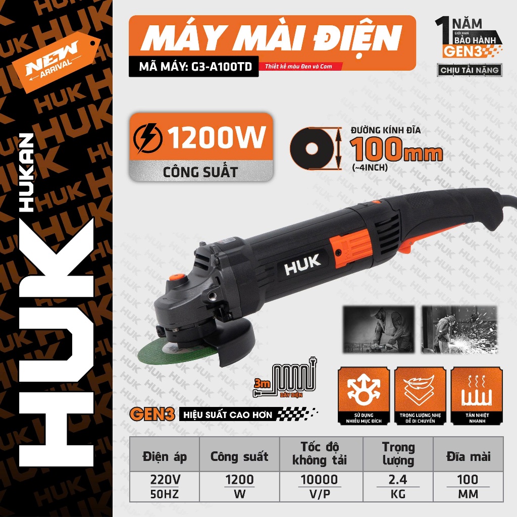 Máy Mài Điện HUKAN G3-A100TD (Gen3) | Công Suất 1200W – Lưỡi 100mm – Tốc Độ 10000 V/p – Chính Hãng, Bảo Hành 12 Tháng