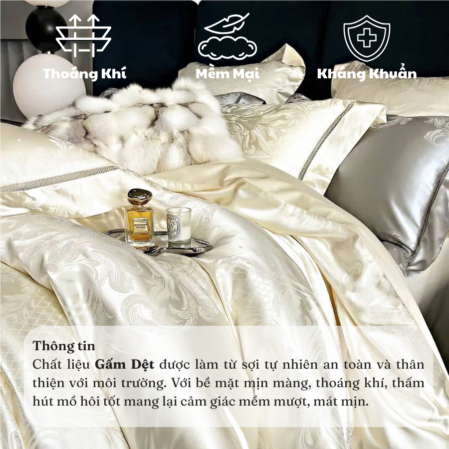 Bộ chăn ga gối gấm tencel MemMinbedding Luxury bóng mịn mang vẻ đẹp sang trọng và tinh tế