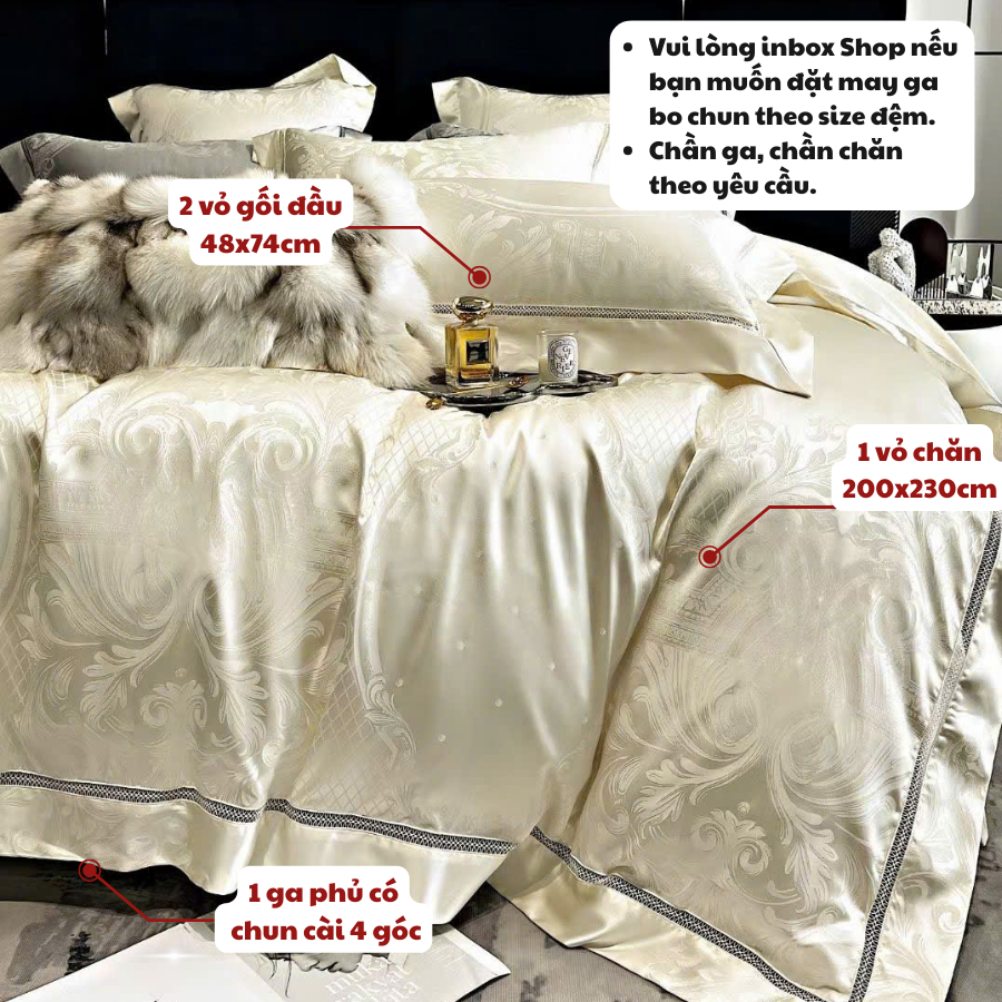 Bộ chăn ga gối gấm tencel MemMinbedding Luxury bóng mịn mang vẻ đẹp sang trọng và tinh tế