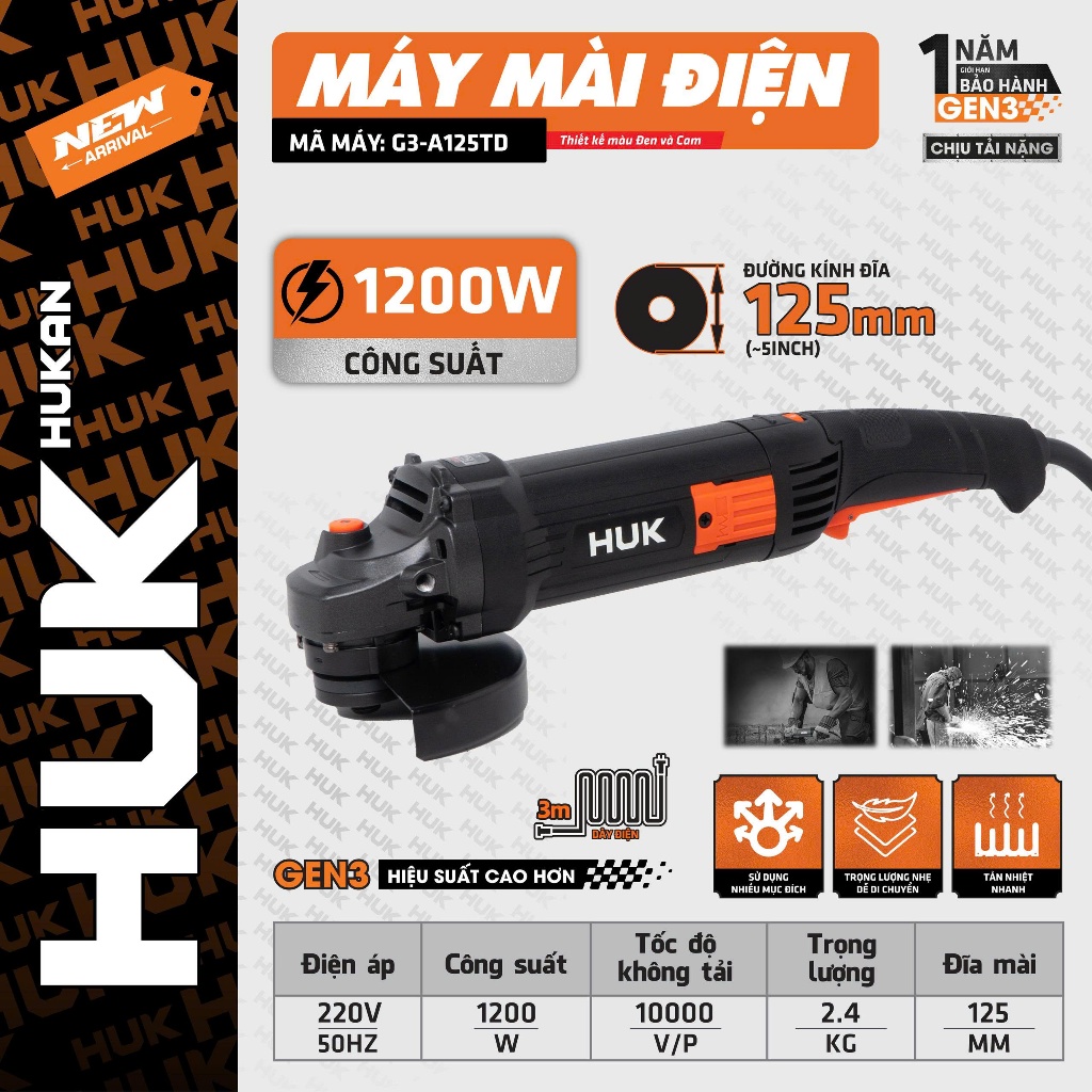 Máy Mài Điện HUKAN G3-A125TD (Gen3) | Công Suất 1200W – Lưỡi 125mm – Tốc Độ 10000 V/p – Chính Hãng, BH 12 Tháng