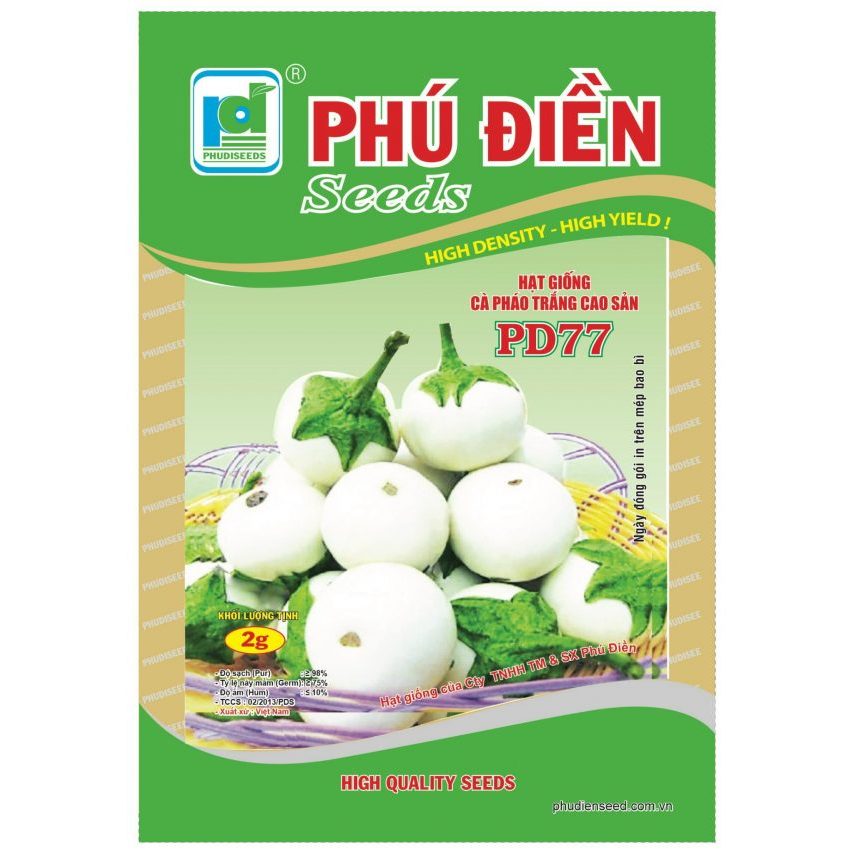Hạt giống Cà Pháo Trắng Cao Sản PD77 – Trái Tròn Trắng Đẹp, Năng Suất Cao, Ăn Giòn Ngon – Gói 2g