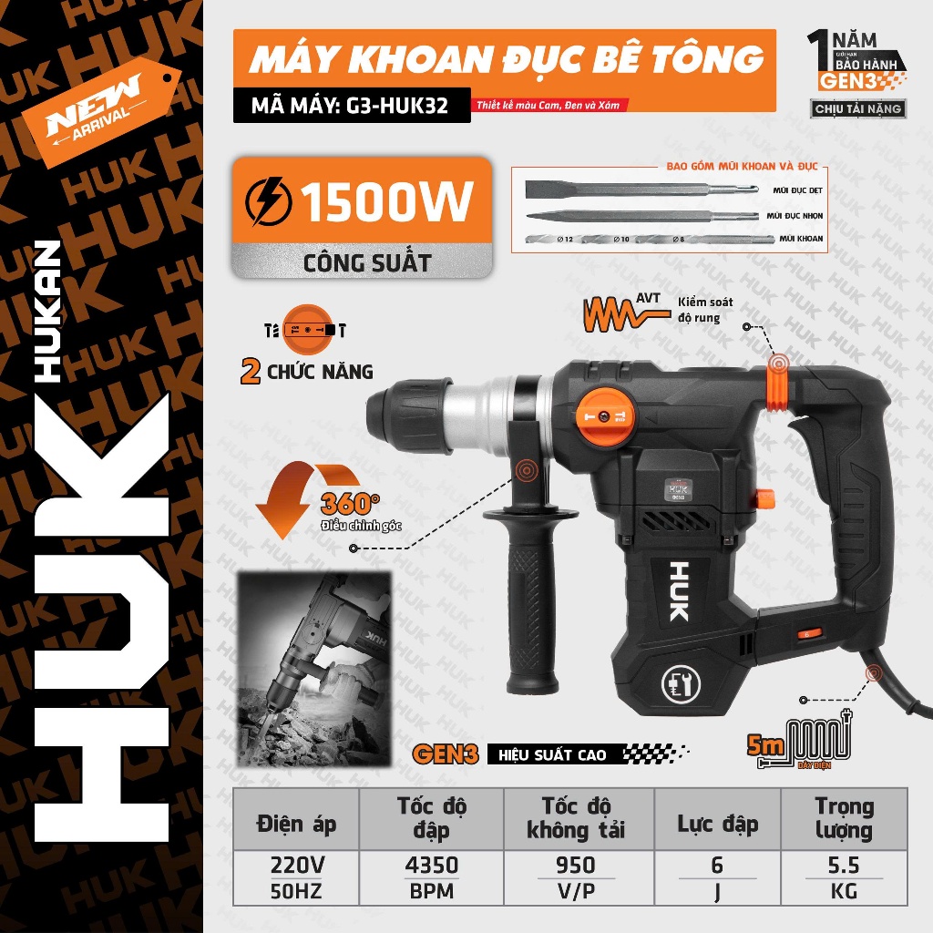 Máy Đục Bê Tông HUKAN G3-HUK32 (Gen3) | Công Suất 1500W – Lực Đập 6J – 4350BPM – Kèm 5 Mũi – Dây 5m – BH 12 Tháng
