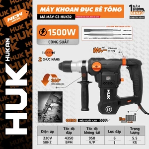 Máy Đục Bê Tông HUKAN G3-HUK32 (Gen3) | Công Suất 1500W – Lực Đập 6J – 4350BPM – Kèm 5 Mũi – Dây 5m – BH 12 Tháng