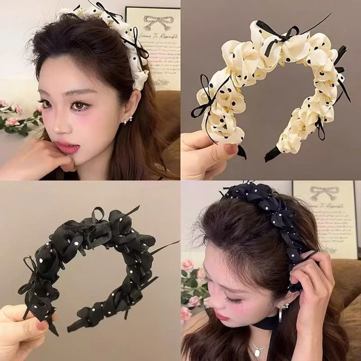 bờm cài tóc vải bóng chấm bi nơ dễ thương, băng đô tạo phồng tóc thiết kế tiểu thư