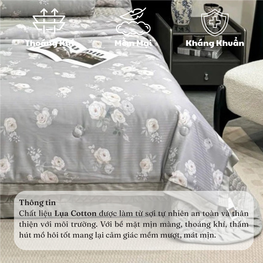 (SCB34) Bộ chăn ga gối lụa cotton 5 Món chăn hè ga trần MemMinbedding Luxury siêu mềm mại, thoáng mát