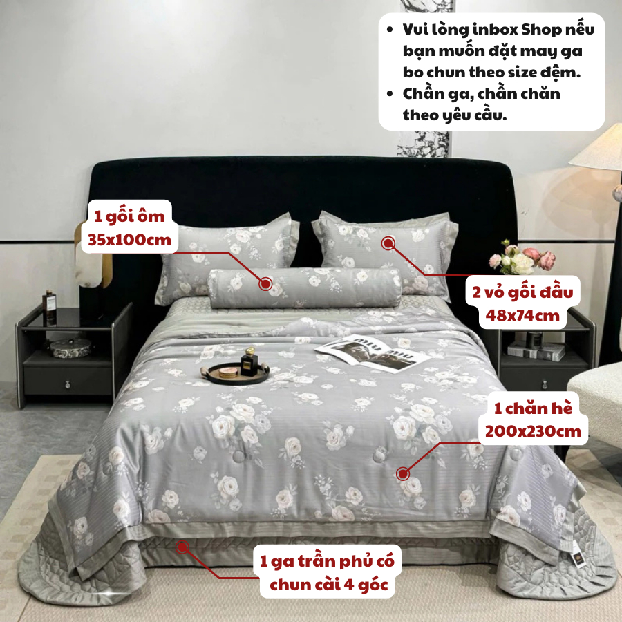 (SCB34) Bộ chăn ga gối lụa cotton 5 Món chăn hè ga trần MemMinbedding Luxury siêu mềm mại, thoáng mát