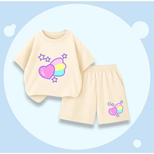 Bộ Quần Áo Cotton Cho Bé – Hình Trái Tim Hồng Cánh Cầu Vồng, Ngắn Tay, Mềm Mịn, Thoáng Khí (M 278)