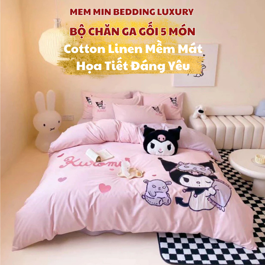 (L4263142)Bộ chăn ga cotton linen mềm mại thoáng mát 5 món MemMinbedding Luxury họa tiết 3d sắc nét,sinh động,bắt mắt