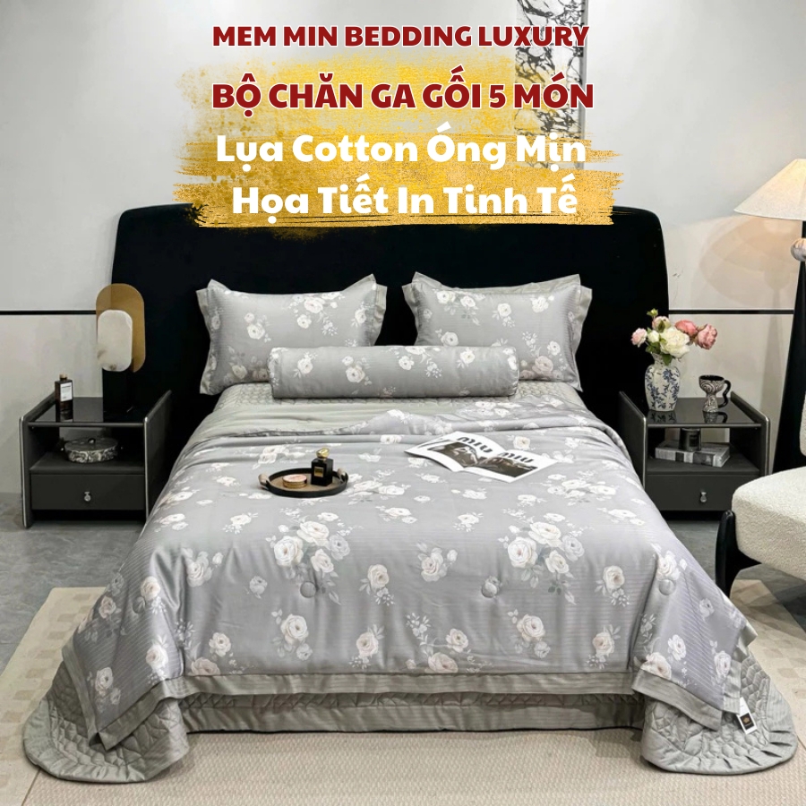 (SCB34) Bộ chăn ga gối lụa cotton 5 Món chăn hè ga trần MemMinbedding Luxury siêu mềm mại, thoáng mát
