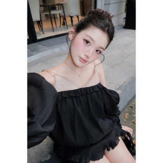 𝑵𝑰𝑵𝒀𝑺𝑴𝑼𝑺𝑬 - Set áo dài tay trễ vai và quần shorts kiểu bí nữ tính phối màu Ellena Set