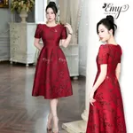 Đầm Gấm Taffta EM7517 Đỏ Đô Dáng Xòe Cổ Tròn Tay Ngắn — ảnh 1