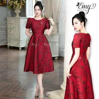 Đầm Dự Tiệc EMY Thiết Kế Cao Cấp EM7517 Dáng Xòe Sang Trọng Cổ Tròn Vải Gấm Taffta Đỏ Đô