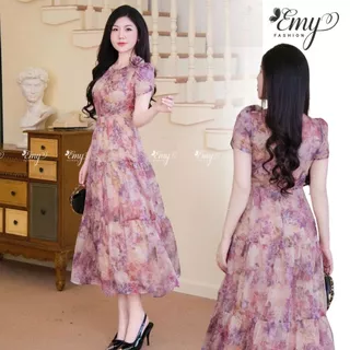 Đầm Thiết Kế Nữ EMY Cao Cấp Sang Trọng EM9432 Tùng Xoè Nhún Cổ Tròn Vải Voan Tơ Hoa Tím