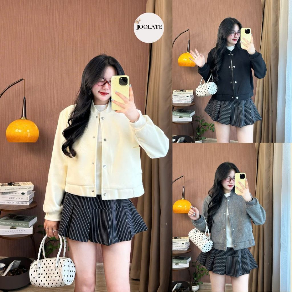 Áo Khoác Bomber Nữ Dáng Ngắn Chất Dạ Ép Joolate Cúc Bấm Phong Cách Hàn Quốc 336 p7k4