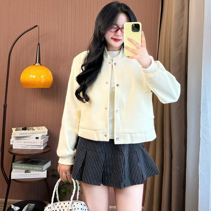 Áo Khoác Bomber Nữ Dáng Ngắn Chất Dạ Ép Joolate Cúc Bấm Phong Cách Hàn Quốc 336 p7k4