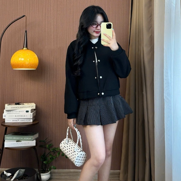 Áo Khoác Bomber Nữ Dáng Ngắn Chất Dạ Ép Joolate Cúc Bấm Phong Cách Hàn Quốc 336 p7k4