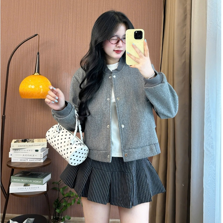 Áo Khoác Bomber Nữ Dáng Ngắn Chất Dạ Ép Joolate Cúc Bấm Phong Cách Hàn Quốc 336 p7k4