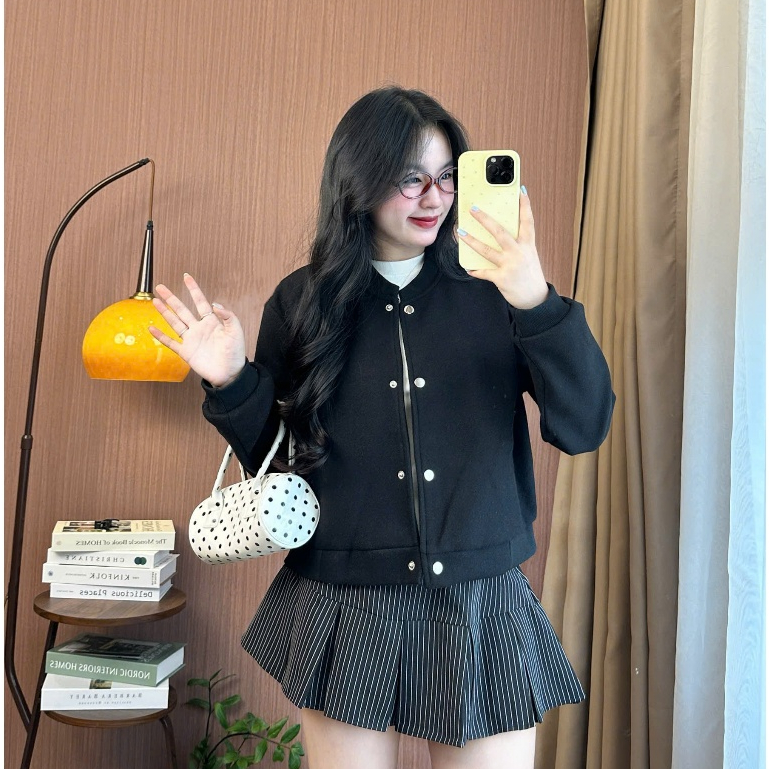 Áo Khoác Bomber Nữ Dáng Ngắn Chất Dạ Ép Joolate Cúc Bấm Phong Cách Hàn Quốc 336 p7k4
