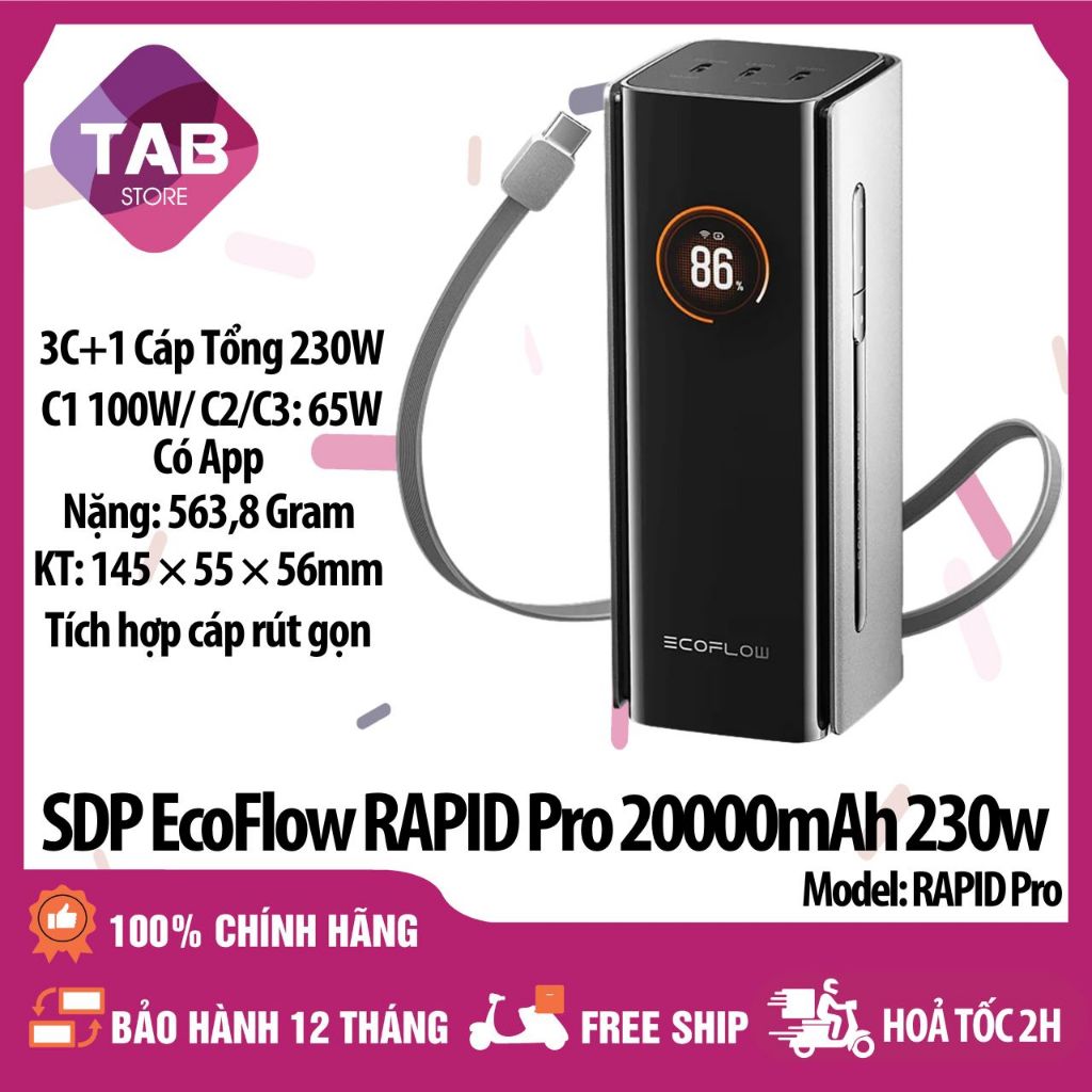 SDP EcoFlow RAPID Pro 20.000mAh, 3C+Cáp Tổng 230W, Có Cáp Tích Hợp ...