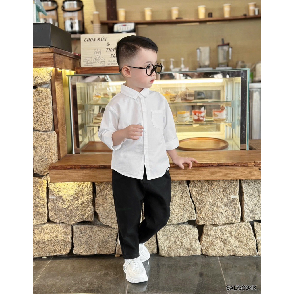 Aó sơ mi cộc tay Beermi chất liệu thô lụa cao cấp thông thoáng bé mặc đi học đi chơi 9-28kg