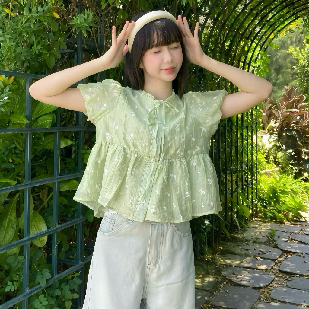 Áo kiểu babydoll thắt nơ  xinh xắn hot 2026