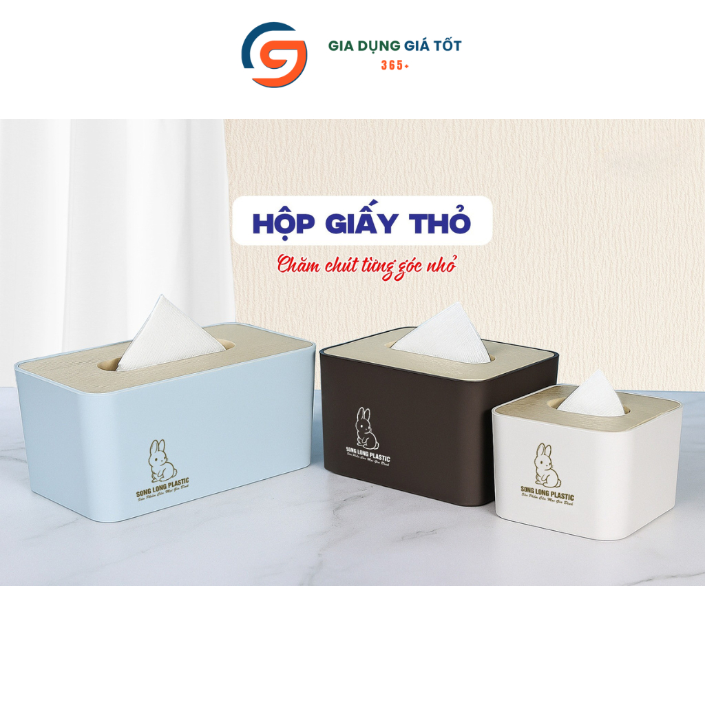Hộp đựng khăn giấy Song Long hình thỏ nhiều size, hộp giấy ăn nắp tre để bàn ăn, phòng khách cao cấp