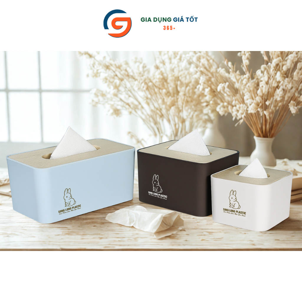 Hộp đựng khăn giấy Song Long hình thỏ nhiều size, hộp giấy ăn nắp tre để bàn ăn, phòng khách cao cấp