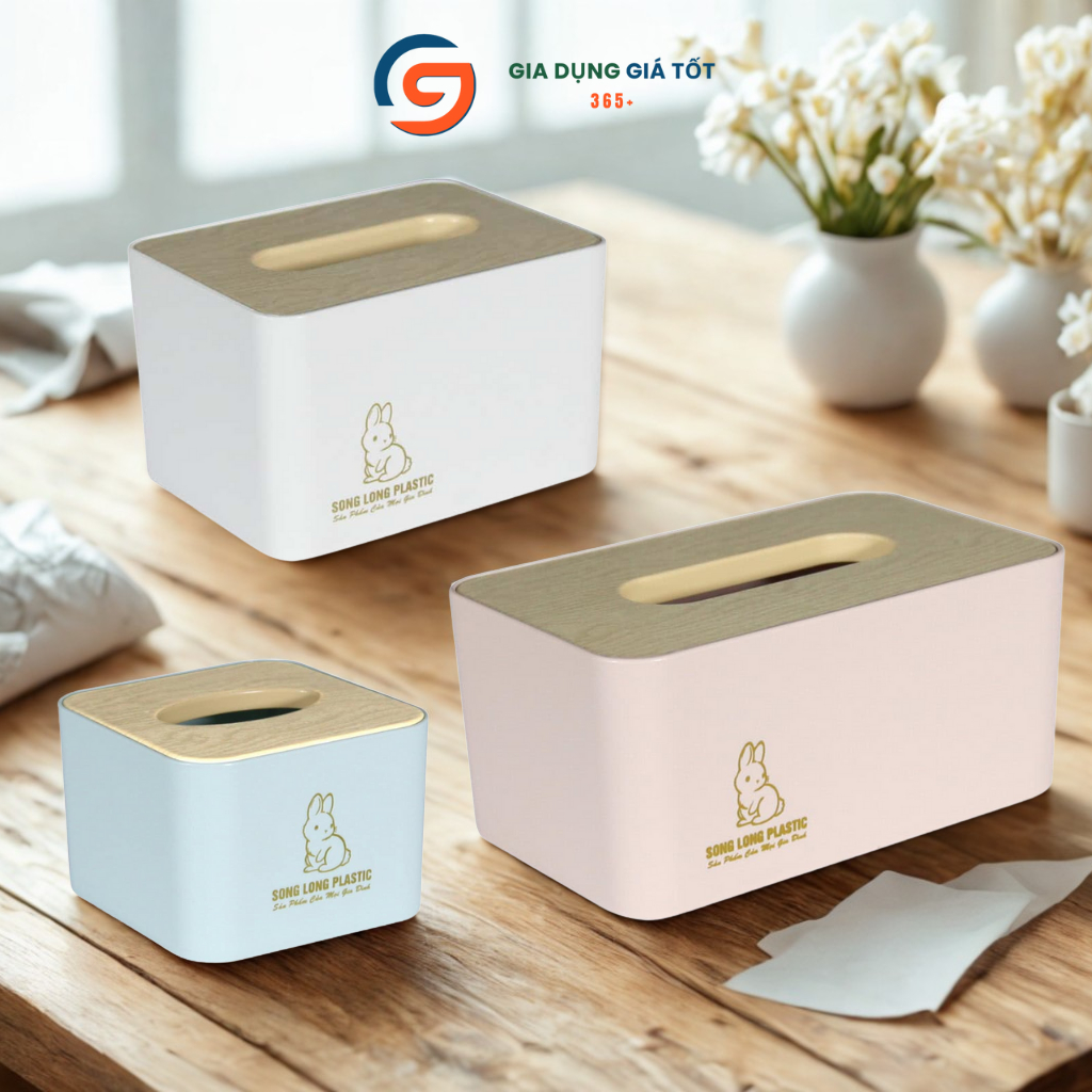 Hộp đựng khăn giấy Song Long hình thỏ nhiều size, hộp giấy ăn nắp tre để bàn ăn, phòng khách cao cấp