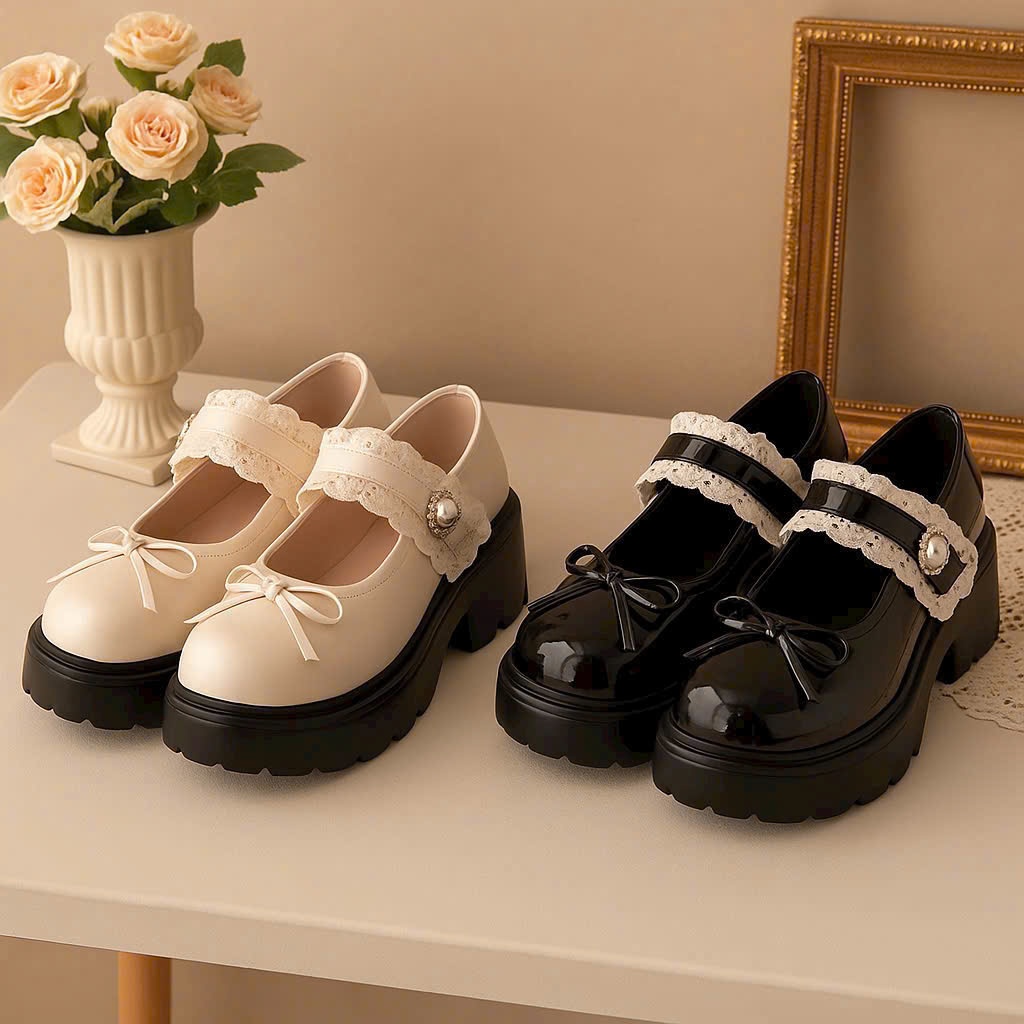 Giày nữ, giày lolita nữ đế cao viền ren phong cách Hàn