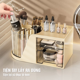 Hộp Đựng Mỹ Phẩm Xoay 360° Có Ngăn Kéo – Lọ Để Son, Cọ, Dụng Cụ Trang Điểm