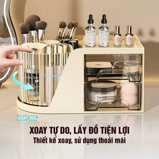 Hộp Đựng Mỹ Phẩm Xoay 360° Có Ngăn Kéo – Lọ Để Son, Cọ, Dụng Cụ Trang Điểm