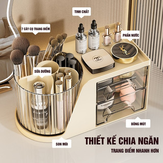 Hộp Đựng Mỹ Phẩm Xoay 360° Có Ngăn Kéo – Lọ Để Son, Cọ, Dụng Cụ Trang Điểm