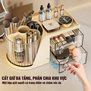 Hộp Đựng Mỹ Phẩm Xoay 360° Có Ngăn Kéo – Lọ Để Son, Cọ, Dụng Cụ Trang Điểm