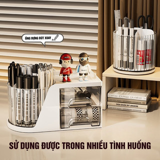 Hộp Đựng Mỹ Phẩm Xoay 360° Có Ngăn Kéo – Lọ Để Son, Cọ, Dụng Cụ Trang Điểm
