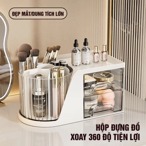 Hộp Đựng Mỹ Phẩm Xoay 360° Có Ngăn Kéo – Lọ Để Son, Cọ, Dụng Cụ Trang Điểm