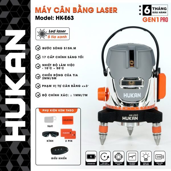 Máy Cân Bằng Laser 5 Line HUKAN HK-E63 | 17 Cấp Chỉnh Sáng – 5 Tia Xanh Siêu Sáng – Phạm Vi 70m – Có Remote [Chính Hãng]